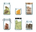 Kitchen seasoning. Spices in glass bottles and jar gourmet herbs for cooking vector natural products realistic set