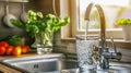Kitchen Serenity: Fresh Tap Water Filling a Glass. Generative ai Royalty Free Stock Photo