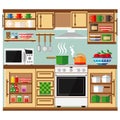 Kitchen with a set of furniture. The cozy interior of the room with a stove  microwave  wardrobe and utensils. Flat style vector Royalty Free Stock Photo