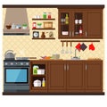 Kitchen with a set of furniture. The cozy interior of the room with a stove  wardrobe and utensils. Flat style vector illustration Royalty Free Stock Photo