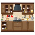 Kitchen with a set of furniture. The cozy interior of the room with a stove  wardrobe and utensils. Flat style vector illustration Royalty Free Stock Photo