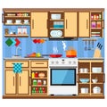 Kitchen with a set of furniture. The cozy interior of the room with a stove  wardrobe and utensils. Flat style vector illustration Royalty Free Stock Photo