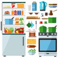 Kitchen set: household appliances  food  dishes. Vector illustration on the theme of cooking Royalty Free Stock Photo