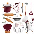 Kitchen set small chef with a penguin, pot, ladle, cook hat, carrot, knife. Print for stickers, banners, decoration, menu, restaur