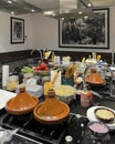 The kitchen set up for a cooking class at La Maison Arabe in Marrakesh, Morroco.