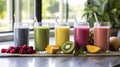 Kitchen setting with lots of fresh vibrant smoothies