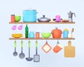 Kitchen shelf with cookware 3d render illustration. Jar, bowl and bottle arrange on kitchenware shelves Royalty Free Stock Photo