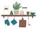 A kitchen shelf with kitchenware flat vector illustration. Chemex, cups for coffee, pitcher for milk and untensil for