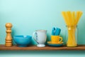 Kitchen shelf with pasta, salt and coffee cups over blue retro background