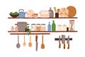 Kitchen shelf with utensil, kitchenware, food. Tableware, cookware, dinnerware, cutlery, cooking tools, cups