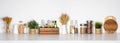 Kitchen shelf with various herbs, spices, utensils on white background Royalty Free Stock Photo