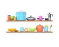 Kitchen shelf on wall with cookware 3d render illustration. Jar, bowl and bottle arrange on kitchenware shelves Royalty Free Stock Photo