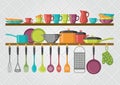 Kitchen shelves and cooking utensils