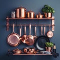 Kitchen shelves with copper pans, pots, and other utensils