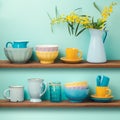 Kitchen shelves with cups and dishes