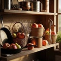 Kitchen shelves display rustic cookware and produce Royalty Free Stock Photo