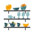 Kitchen shelves with glass glasses, plate, apple, tea set