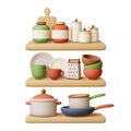 Kitchen shelves. Kitchenware 3d elements stand on shelf. Bowls and cup, pan and pots. Cooking and food preparation Royalty Free Stock Photo