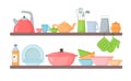 Kitchen shelves. kitchenware dishes cups and cooking devises on wooden shelves. Vector illustration Royalty Free Stock Photo