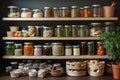 Kitchen shelves topped with lots of bottles and jars with canned food. Vegetables in jars Royalty Free Stock Photo