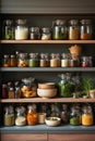 Kitchen shelves topped with lots of bottles and jars with canned food. Vegetables in jars. Royalty Free Stock Photo