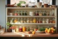 Kitchen shelves topped with lots of bottles and jars with canned food. Vegetables in jars. Royalty Free Stock Photo