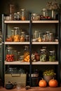 Kitchen shelves topped with lots of bottles and jars with canned food. Vegetables in jars. Royalty Free Stock Photo