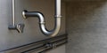Kitchen silver sink piping on tile wall background. Connection and water valve switch. 3d render