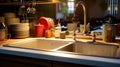 Kitchen sink with bunch of dishes on the side of the sink. Generative AI Royalty Free Stock Photo