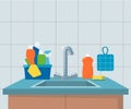 Kitchen sink. Clean sink with kitchenware, modern furniture and utensils. Washing dishes kitchen sink, vector illustration