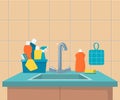 Kitchen sink. Clean sink with kitchenware, modern furniture and utensils. Washing dishes kitchen sink, vector illustration