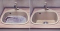 Kitchen sink before and after cleaning the blockage, dirty and clean sink bowl