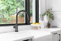 A kitchen sink detail with a black faucet and farmhouse sink.