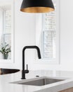 A kitchen sink detail with a black faucet and marble countertop. Royalty Free Stock Photo