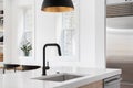 A kitchen sink detail with a modern fixture above a black faucet. Royalty Free Stock Photo