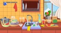 Kitchen sink with dirty dishes.Dirty kitchen. A concept for cleaning companies.Flat cartoon vector illustration