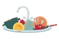 Kitchen sink with dirty dishes. Housework. Isolated illustration