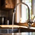 A kitchen sink with a faucet running water, AI