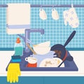 Kitchen sink full of dirty dishes or kitchenware to wash, detergents, sponge and rubber gloves. Messy house. Manual Royalty Free Stock Photo