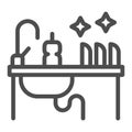 Kitchen sink with kitchenware line icon, household concept, Washing dishes sign on white background, Dishwashing liquid Royalty Free Stock Photo