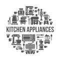 Kitchen small appliances equipment banner illustration. Vector glyph icons of household cooking tools - blender, mixer