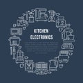 Kitchen small appliances equipment banner illustration. Vector line icon of household cooking tools blender mixer