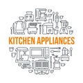 Kitchen small appliances equipment banner illustration. Vector line icon of household cooking tools - blender, mixer