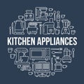 Kitchen small appliances equipment banner illustration. Vector line icon of household cooking tools - blender, mixer