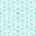 Kitchen small appliances equipment blue seamless pattern flat line icons. Household cooking tools - blender, mixer, food