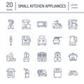 Kitchen small appliances line icons. Household cooking tools signs. Food preparation equipment - blender, coffee machine