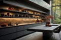 Kitchen with smooth surfaces and minimal open shelving, promoting a sleek and clutter-free environment