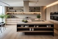 Kitchen with smooth surfaces and minimal open shelving, promoting a sleek and clutter-free environment