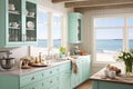 Kitchen with soft aqua walls, evoking a sense of tranquility. White cabinets, quartz countertops, and chrome fixtures