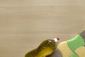 Kitchen sponges and bottle of detergent on table Royalty Free Stock Photo